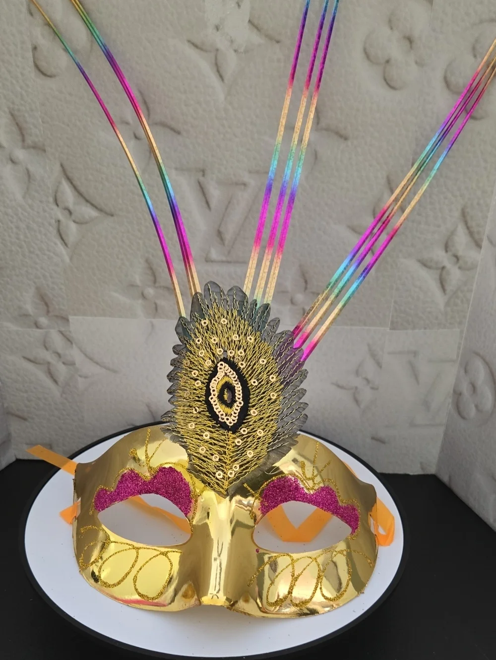 Gold Peacock Feather Masquerade Mask with Rainbow Accents